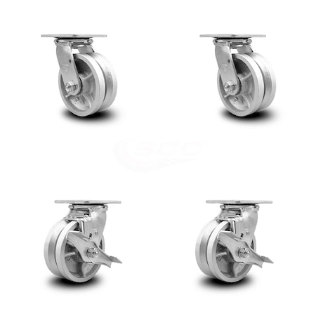 Service Caster 5 Inch V Groove Semi Steel Swivel Caster Set with Roller Bearings 2 Brakes SCC SCC-30CS520-VGR-2-TLB-2